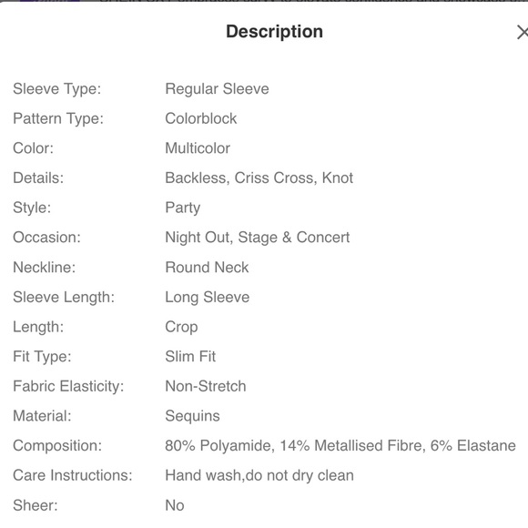 Long sleeve Lace Up Backless Sequin Crop Top Sparkling tie back multicolor shiny - Picture 8 of 10